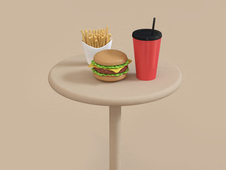 abstract fast food hamburger red cup french fries on table cartoon style 3d rendering
