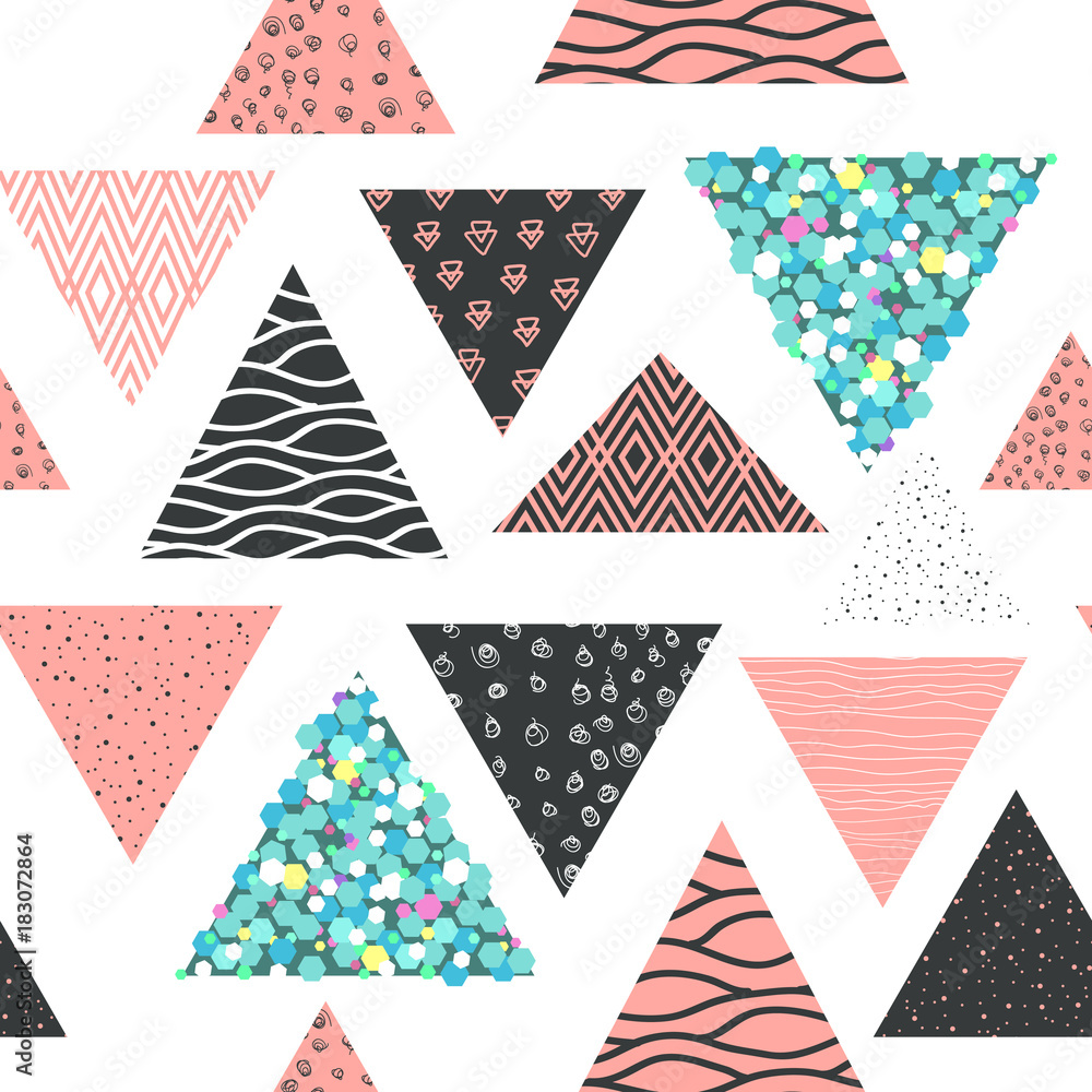 Poster abstract memphis seamless pattern with geometric shapes. hipster background with triangles. vintage 