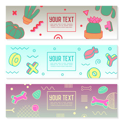 Abstract Memphis Style Horizontal Banners with Geometric Elements. Creative Hipster Modern Composition for Poster, Advertising Design. Vector illustration