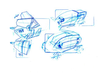 Sketch electric city car inspirated by cubism. It is colou ilustration sutable for young people. Its very simply clever small and smart car.