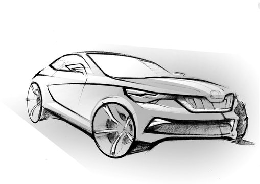 This is realsitic paniting sketch of sepia colour car. The car is concept sketch with dinamics lines.