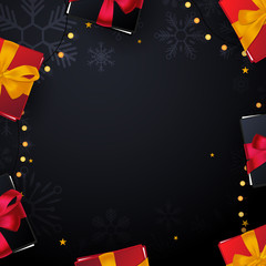 Marry Christmas and Happy New Year banner on dark background with snowflakes and gift boxes. Vector illustration.