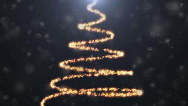 Weihnachtsbaum aus leuchtenden Partikeln und Schneekristallen dreht sich 