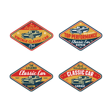 Set Of Colored Old Retro Style Vintage Classic Car Vector Logo, Badge, Emblem, Icon, Sticker. Car Wash, Workshop Repair, Service, Community, Club, Car Show, Exhibition, Festival Element