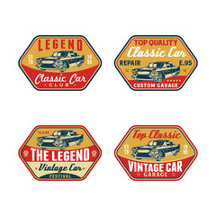 Obraz premium Set of Colored Old Retro Style Vintage Classic Car Vector Logo, Badge, Emblem, Icon, Sticker. Car Wash, Workshop Repair, Service, Community, Club, Car Show, Exhibition, Festival Element