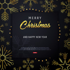 Fototapeta na wymiar Marry Christmas and Happy New Year banner on dark background with snowflakes and gift boxes. Vector illustration.