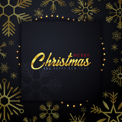 Marry Christmas and Happy New Year banner on dark background with snowflakes and gift boxes. Vector illustration.