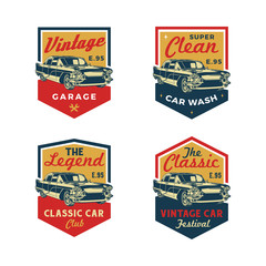 Set of Colored Old Retro Style Vintage Classic Car Vector Logo, Badge, Emblem, Icon, Sticker. Car Wash, Workshop Repair, Service, Community, Club, Car Show, Exhibition, Festival Element