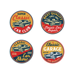 Set of Colored Old Retro Style Vintage Classic Car Vector Logo, Badge, Emblem, Icon, Sticker. Car Wash, Workshop Repair, Service, Community, Club, Car Show, Exhibition, Festival Element