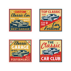 Obraz premium Set of Colored Old Retro Style Vintage Classic Car Vector Logo, Badge, Emblem, Icon, Sticker. Car Wash, Workshop Repair, Service, Community, Club, Car Show, Exhibition, Festival Element