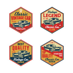 Obraz premium Set of Colored Old Retro Style Vintage Classic Car Vector Logo, Badge, Emblem, Icon, Sticker. Car Wash, Workshop Repair, Service, Community, Club, Car Show, Exhibition, Festival Element