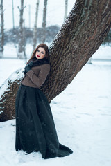 Fototapeta na wymiar Portrait of a beautiful young woman with red lips and smoky eyes, dressed in a coat, a long black skirt and a hat, in a snowy park