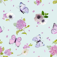 Floral Seamless Pattern with Blooming Hydrangea Flowers and Flying Butterflies in Watercolor Style. Beauty in Nature. Background for Fabric, Textile, Print and Invitation. Vector illustration