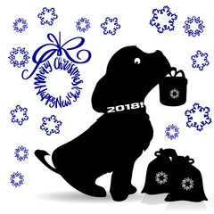 Symbol of the year, dog silhouette holding a gift in the teeth, cartoon on a white background,