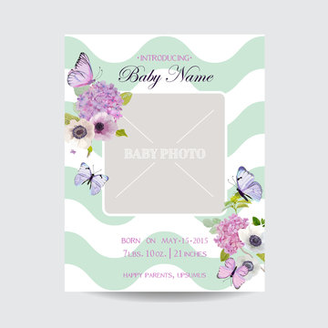 Baby Shower Invitation Template with Photo Frame, Flowers and Butterflies. Floral Wedding Card Design. Vector illustration
