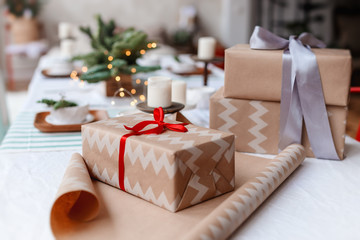 Packing of the christmas presents on a white background