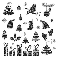 Fototapeta na wymiar 2135620 Christmas tribal design elements set. Hand drawn holiday ornamental icons: tree, fir, hat, mittens, sock, holly, bullfinch, gifts, ball and others.