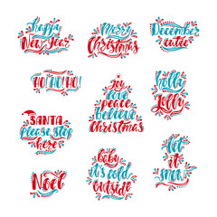 Merry Christmas and Happy New Year typography design. Hand drawn calligraphy text.  Red and blue christmas greeting cards. Vector illustration EPS10
