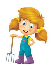 Cartoon farm girl with farming tool - illustration for children