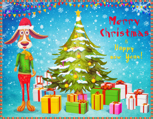 Year of the dog. Snowflake   and christmas tree    with gifts  on blue background . Winter celebration postcard for season's greetings holidays and happy new 2018  year , Illustration  art