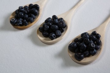 Blueberries arranged in a spoon on white background
