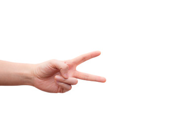 Hand with two fingers up in the peace or victory symbol. Also the sign for the letter V in sign language isolated on white background. This picture has clipping path for easy to use.