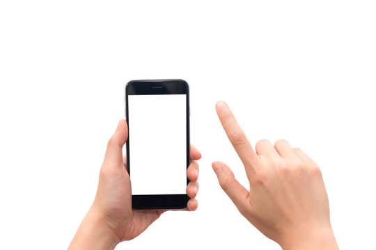 Human hand holding smart phone with blank screen isolated on white background. This picture has clipping path for easy to use.