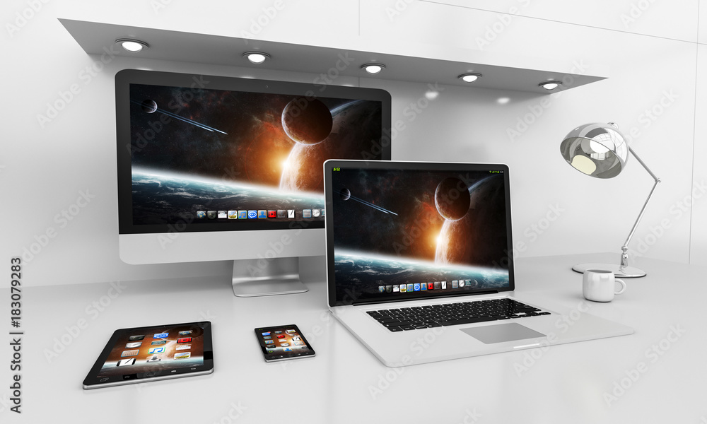 Poster Modern white desk interior with computer and devices 3D rendering