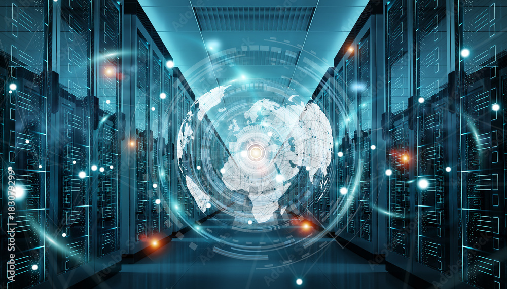Aufkleber Earth network flying over server room data center 3D rendering