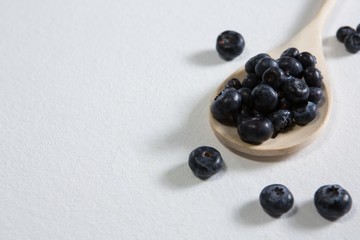 Blueberries arranged in a spoon on white background