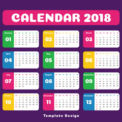 Year 2018 Calendar Simple Clean Template. Rounded Frame Colorful Design for Room Office, Kids Children School wall or desk.