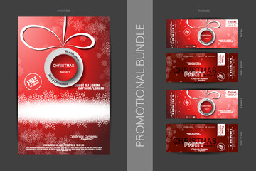 Vector promotional bundle of Christmas party night poster with round lable, glow in the center, snowfall and tickets with shadow.