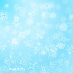 Vector light blue background for Merry Christmas and Happy New Year holidays with snowflakes and radiance.