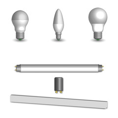 Set of different LED and fluorescent light bulbs in 3D, vector illustration.