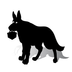 Symbol of the year, dog silhouette holding a gift in the teeth, cartoon on a white background,