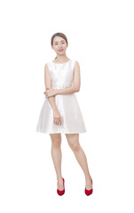 Full body woman portrait standing in business dress suit in full length isolated on white background. Beautiful young female businesswoman.