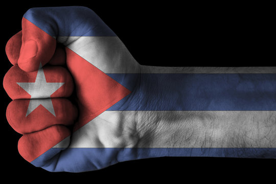 Fist painted in colors of Cuba flag, fist flag, country of Cuba