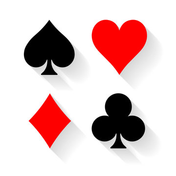 Poker card suits - hearts, clubs, spades and diamonds - on white background. Casino gambling theme vector illustration. Black and red shapes with long shadow effect.