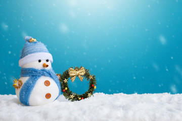 Merry christmas and Happy new year season with greeting card, illustration. Snowman standing in winter snow in time with snowfall