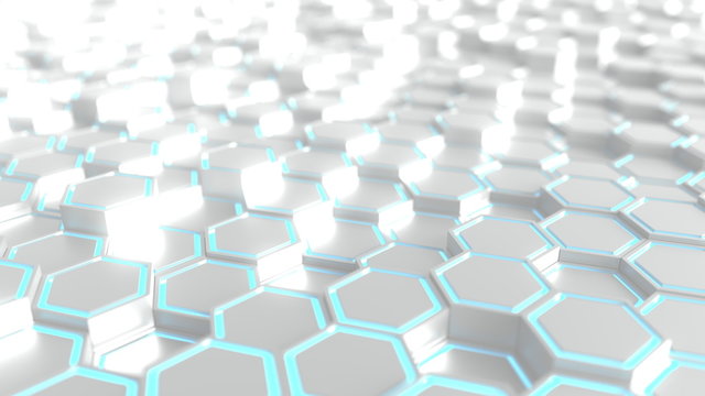 Futuristic silver and blue hexagonal prisms background, 3D rendering