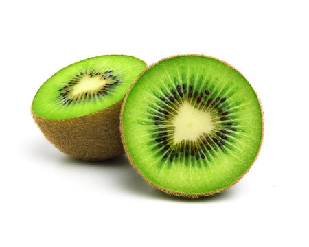 Juicy slice of kiwi. One kiwi fruit cut in halves isolated on white background