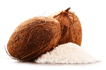 Composition with shredded coconut and shells isolated on white