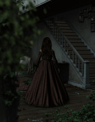 Naklejka premium 3d illustration of Ghost woman in haunted house,Horror background,mixed media 