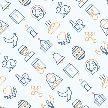 Christianity Seamless Pattern With Thin Line Icons Of Priest, Church, Nun, Crucifixion, Jesus, Bible, Dove. Vector Illustration For Banner, Web Page, Print Media.
