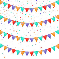 Bunting flags. Impressive celebration card. Bright colorful holiday decorations and confetti. Bunting flags vector illustration.