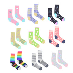 Funny cute socks set, isolated objects, cartoon flat design, vector illustration