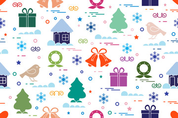 Obraz premium Winter seamless pattern with variety Christmas elements: christmas tree, gift, christmas wreath, bells and other.
