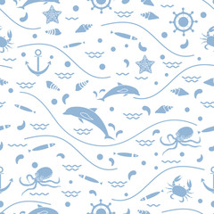 Cute seamless pattern with dolphins, octopus, fish, anchor, helm, waves, seashells, starfish, crab.