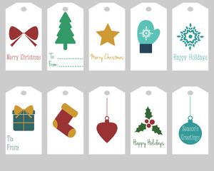 Collection of Christmas gift tags with various items and greetings