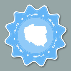 Naklejka premium Poland map sticker in trendy colors. Star shaped travel sticker with country name and map. Can be used as logo, badge, label, tag, sign, stamp or emblem. Travel badge vector illustration.
